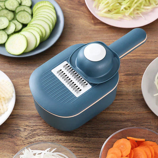 Mandoline vegetable chopper with interchangeable blades and strainer