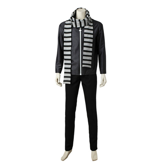Mens gray villain costume with jacket, trousers and striped scarf