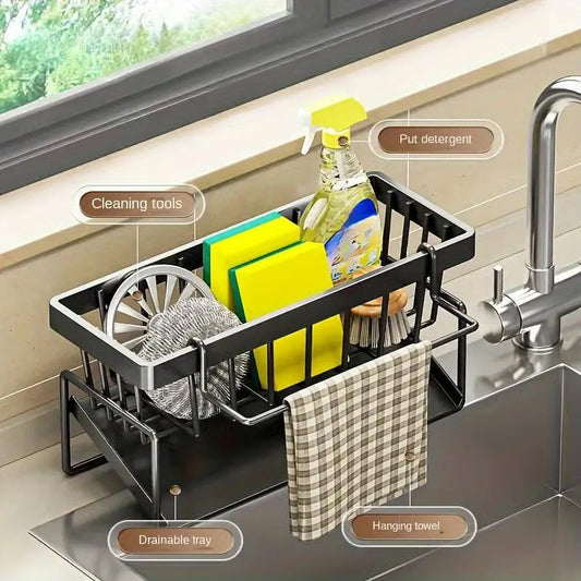 Stainless steel sink caddy organizer with drip tray and towel bar