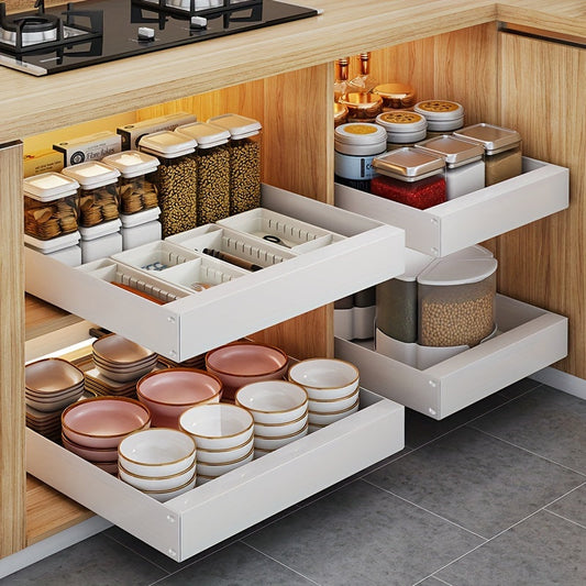 Pull-out kitchen cabinet organizer with metal sliding basket