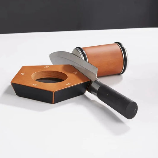 Manual rolling knife sharpener with diamond stones and wooden base