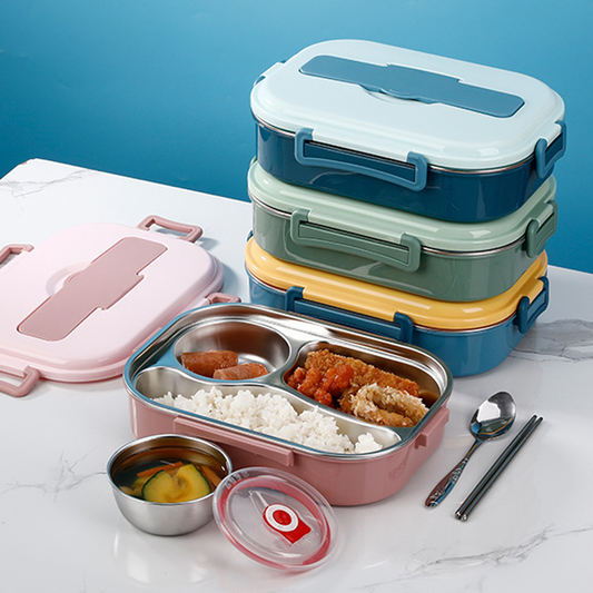 Stainless steel thermal lunch box with divided compartments and snap locks