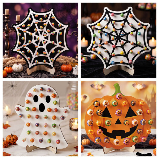 Wooden Halloween lollipop holders with pumpkin and ghost shapes