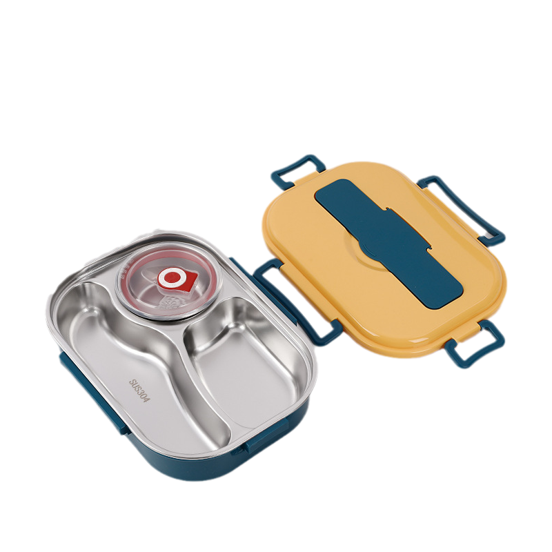 Stainless steel lunch box with separate compartments and soup bowl