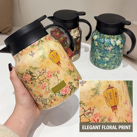 Insulated stainless steel thermal jug with floral design and push-button lid