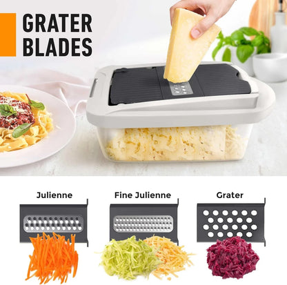 Vegetable chopper with interchangeable blades and catch container