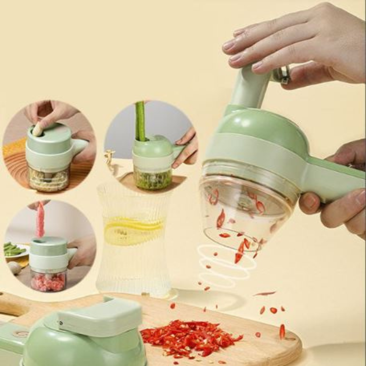 Electric food chopper with transparent slicing and chopping cups