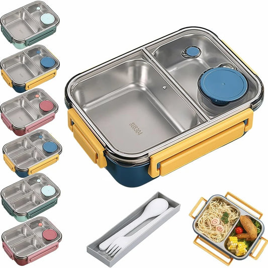 Stainless steel bento lunch box with sauce pot and cutlery drawer