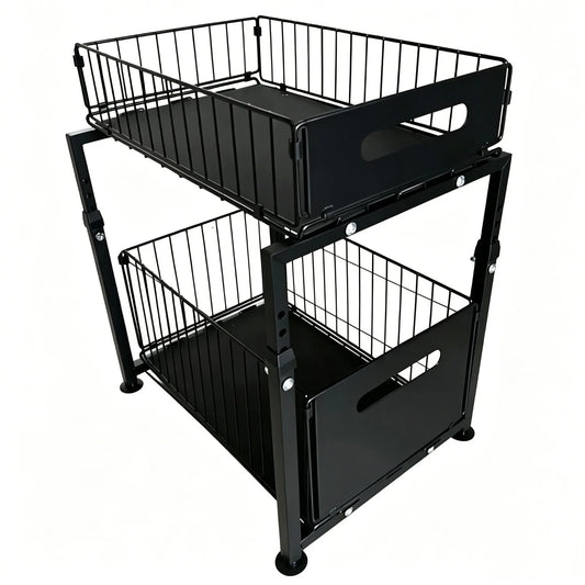 Two-tier pull-out kitchen cabinet organizer with steel sliding baskets