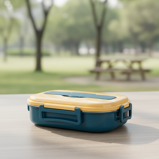 Stainless steel bento lunch box with divided compartments and clip latches