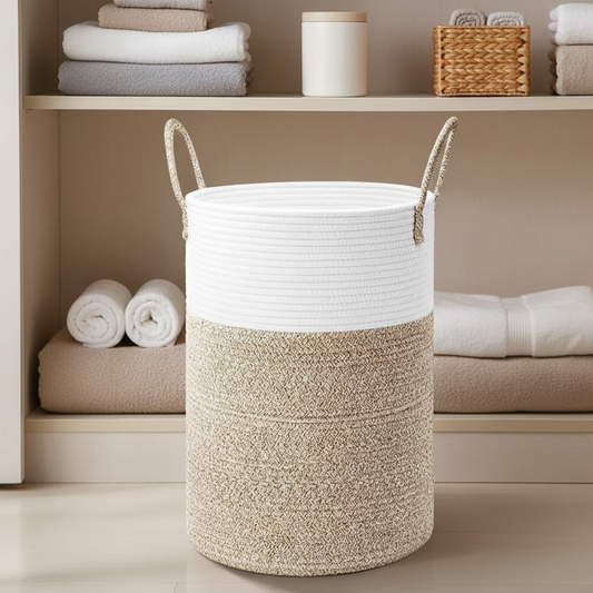 Foldable round cotton laundry basket with carry handles