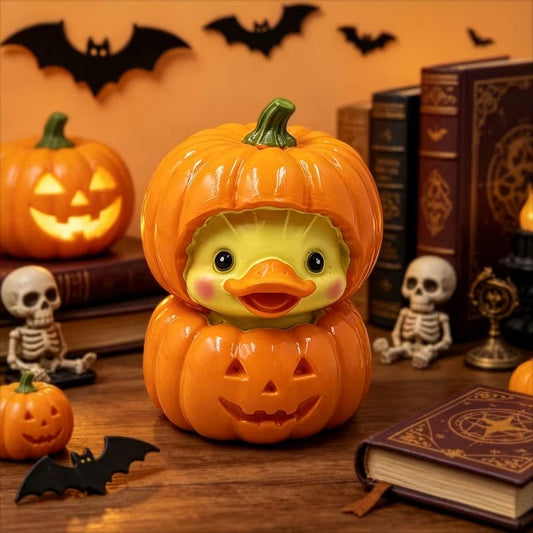 Mini resin pumpkin duck ornament with glossy finish
