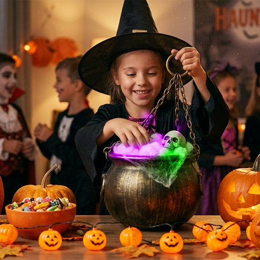 Hanging witches cauldron Halloween decoration with colour LED light