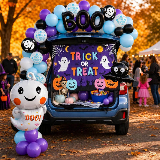 Halloween decoration kit with Boo balloon arch and backdrop banner