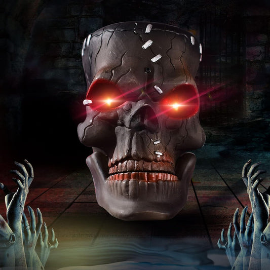 Hanging skull head Halloween prop with red LED eyes and moving jaw