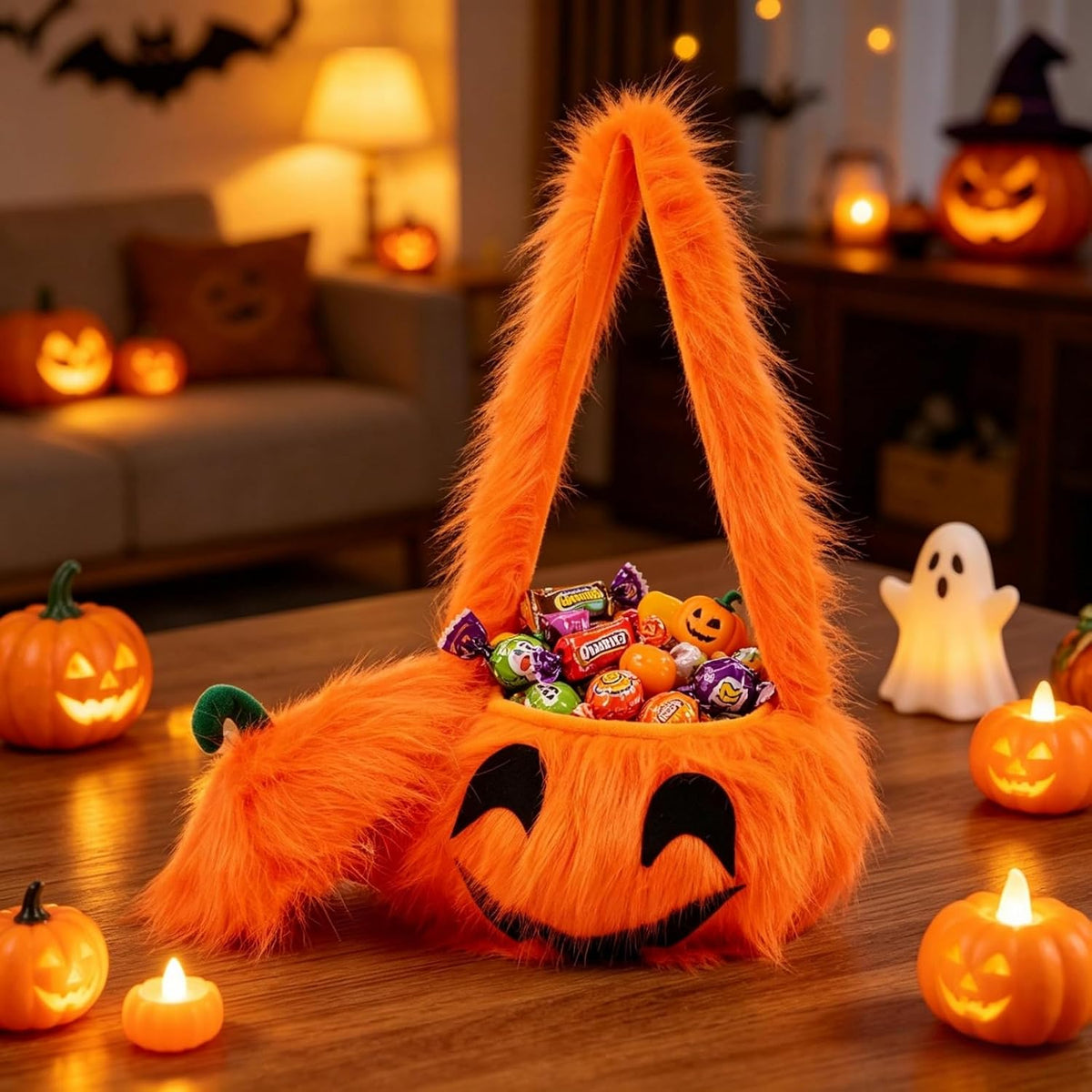 Fluffy pumpkin candy bag with embroidered smiling face