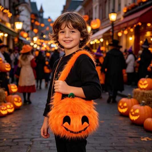 Plush Halloween pumpkin candy bag with shoulder strap