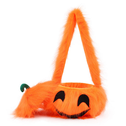 Fluffy pumpkin candy bag with embroidered smiling face