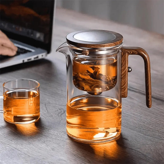 Transparent glass teapot with one-touch brewing button