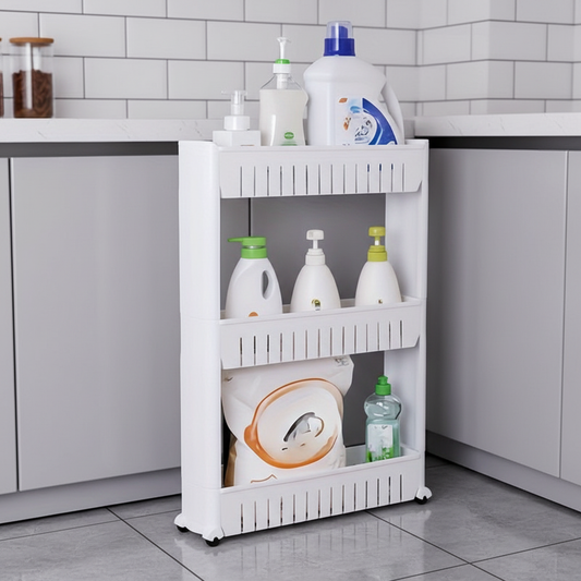 Slim three-tier rolling storage cart for narrow gaps