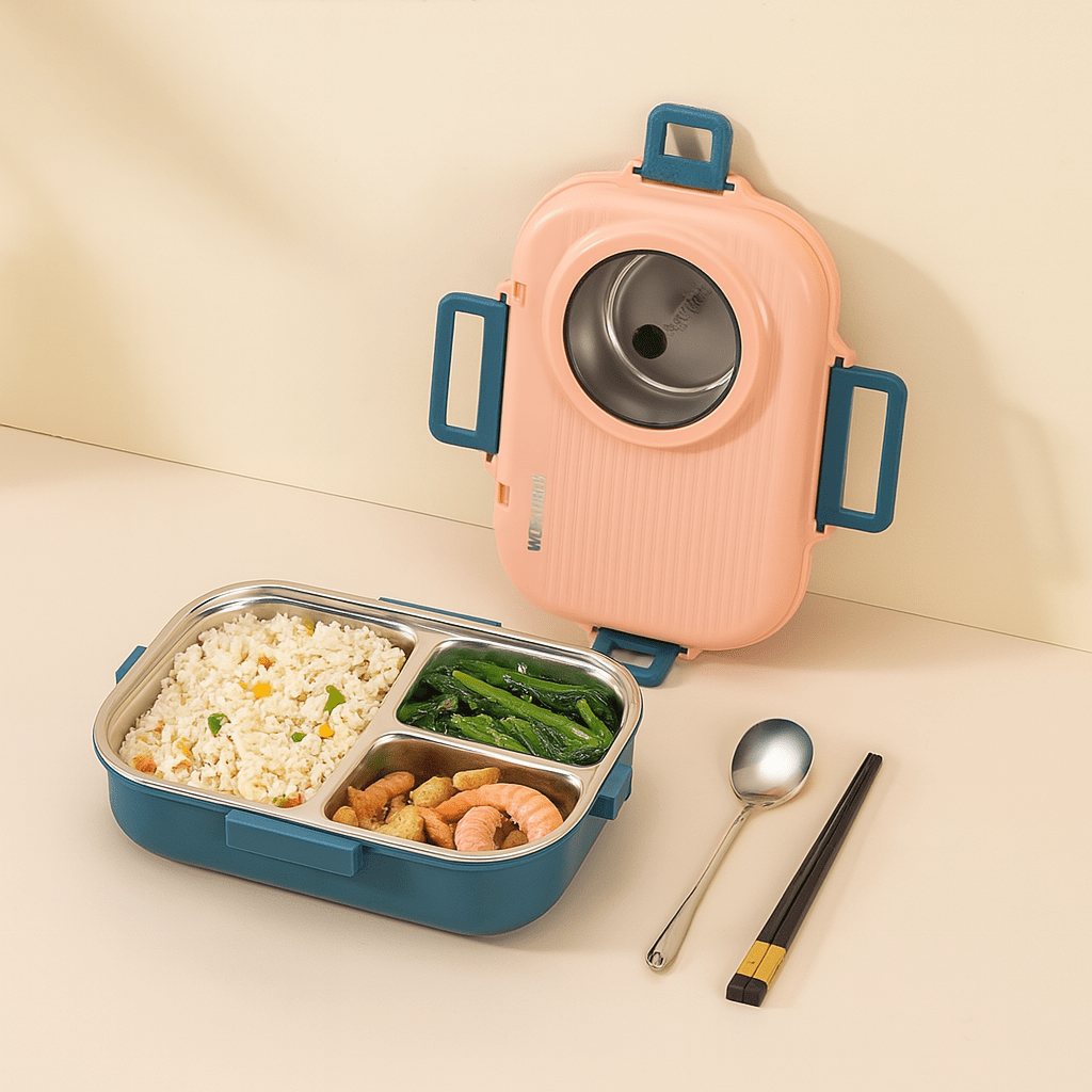 Insulated stainless steel lunch box with three compartments