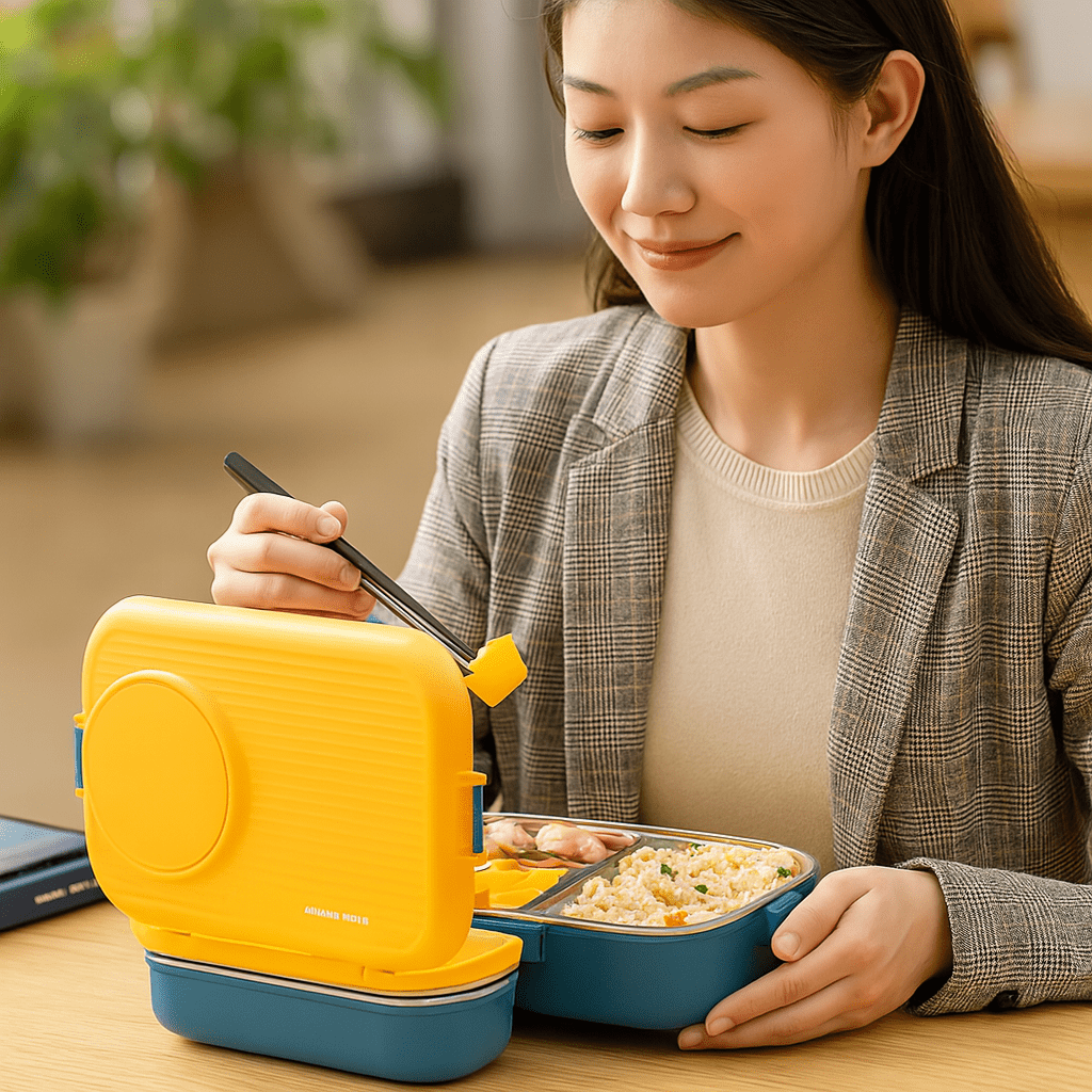 Insulated stainless steel lunch box with three compartments