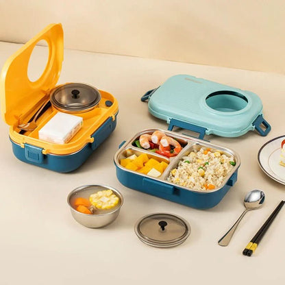 Insulated stainless steel lunch box with three compartments