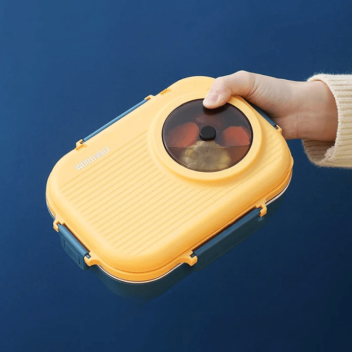 Insulated stainless steel lunch box with three compartments