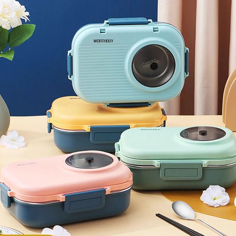Insulated stainless steel lunch box with three compartments