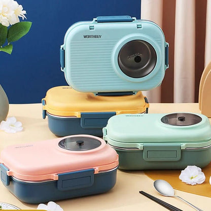 Insulated stainless steel lunch box with three compartments