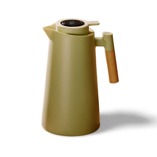 Insulated stainless steel thermos jug with wooden handle
