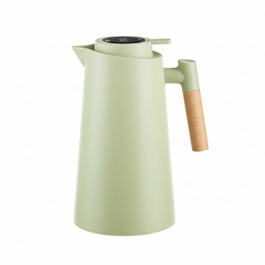 Stainless steel thermal carafe with LED temperature display and wooden handle
