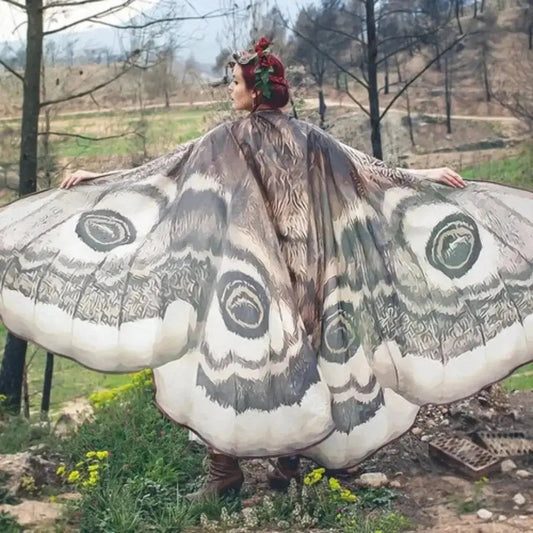 Gray moth wing cape in lightweight chiffon