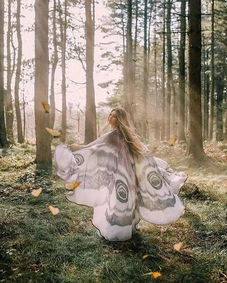 Back view of the gray moth wing costume cape