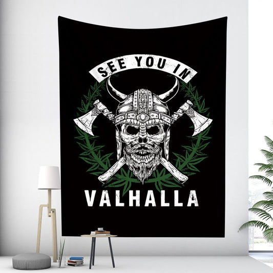 Viking skull wall tapestry with horned helmet and crossed axes