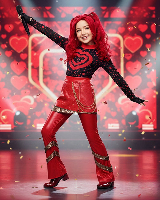 Red princess costume with PU leather skirt and glitter flare trousers