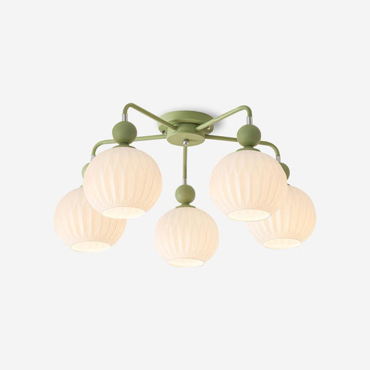 Multi-head glass pendant light with green pumpkin shaped shades