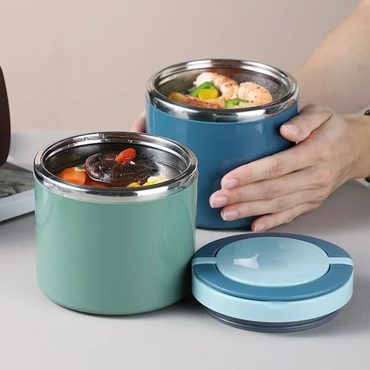 Insulated stainless steel lunch box with carry handle and wide opening