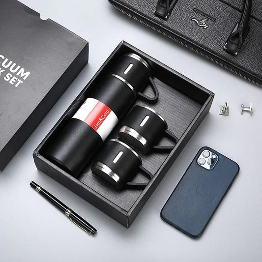 Stainless steel vacuum flask gift set with three cups
