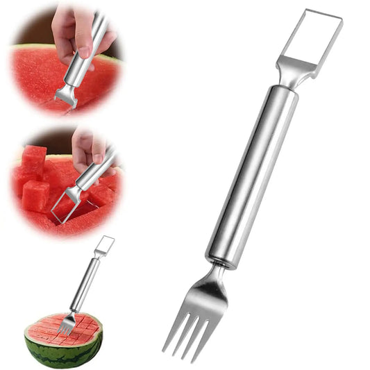 Stainless steel watermelon cutter with integrated fork