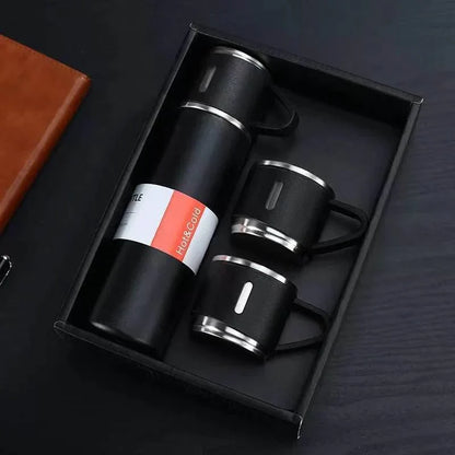 Stainless steel vacuum flask gift set with three cups
