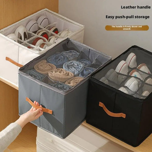 Foldable shoe organizer box with clear lid and leather handle