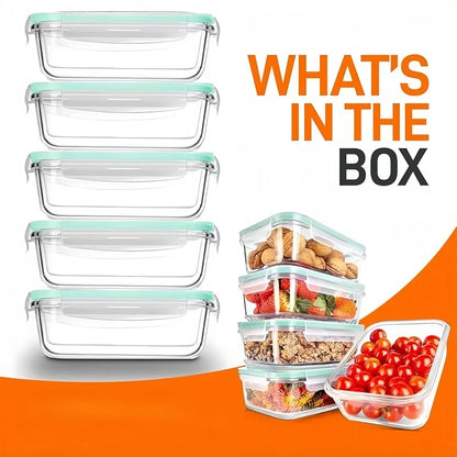Set of five borosilicate glass food storage containers with airtight lids