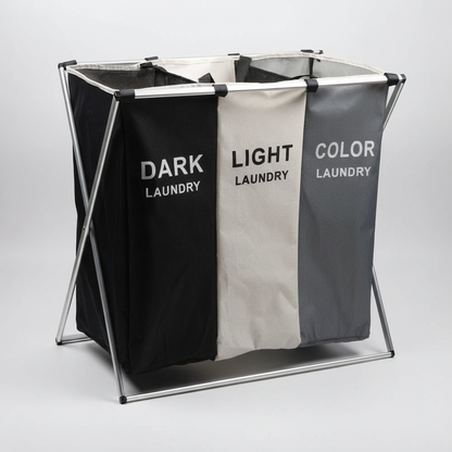Three-compartment laundry sorter with fabric bins