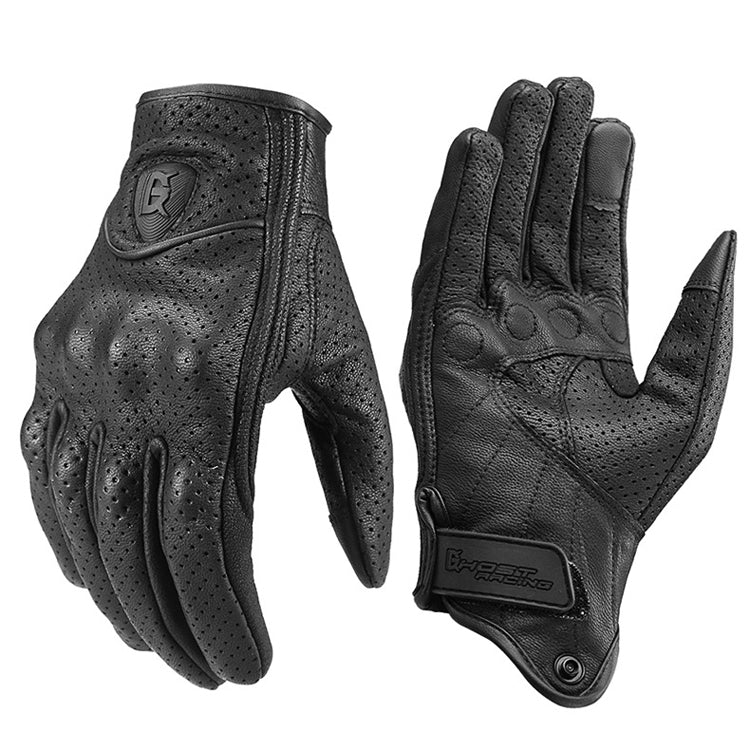 Black perforated leather motorcycle riding gloves