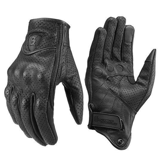 Black perforated leather motorcycle riding gloves