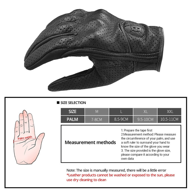Motorcycle glove size chart from M to XXL