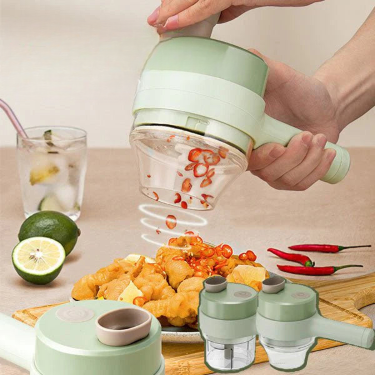 Electric food chopper with transparent slicing and chopping cups