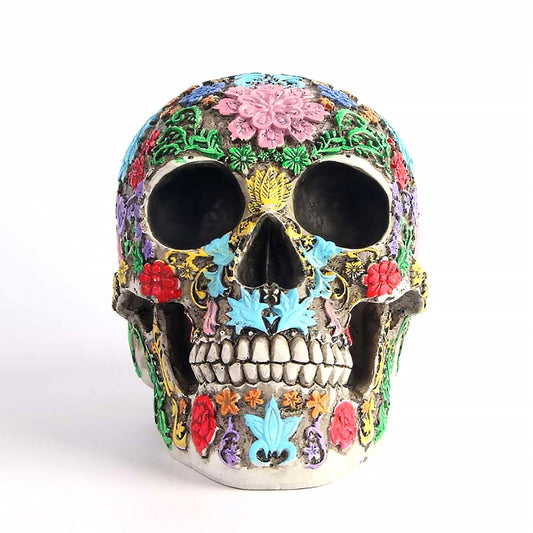 Decorated resin sugar skull statue for Day of the Dead decor