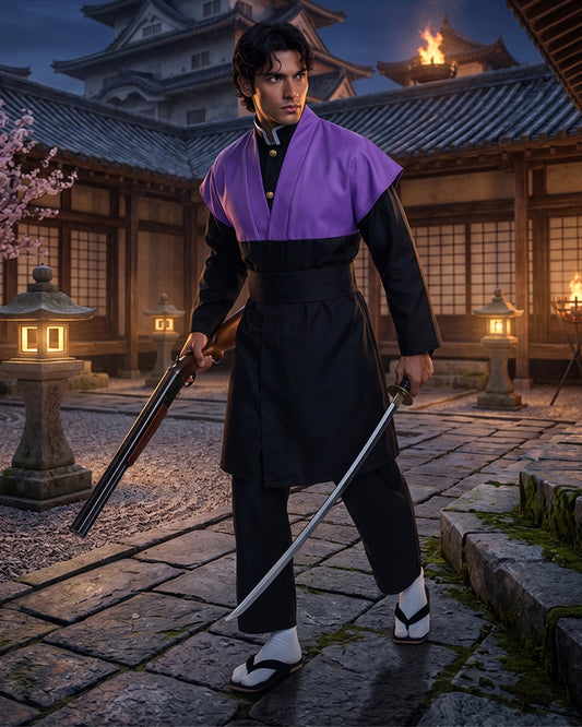 Mens demon hunter costume with purple sleeveless kimono and jacket